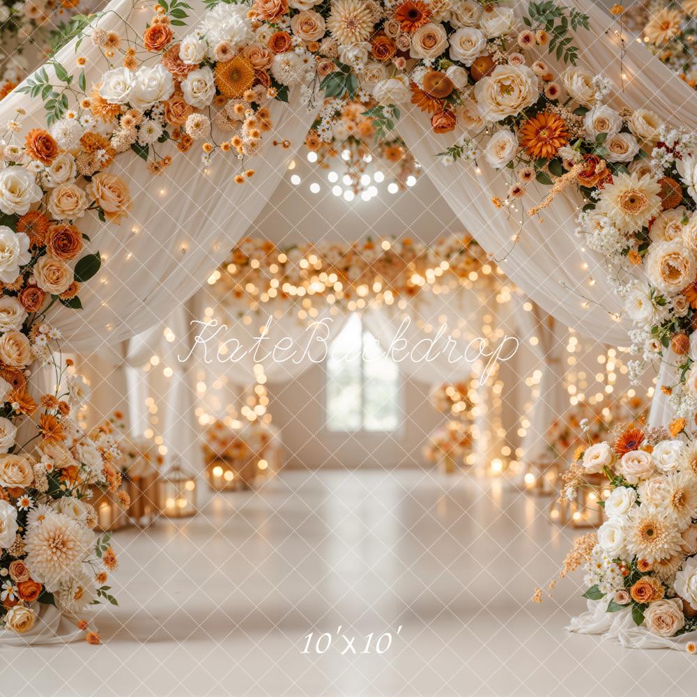 Kate Hochzeit Blumenbogen Lichter Creme Hintergrund Entworfen von Emetselch - Kate Backdrop.de
