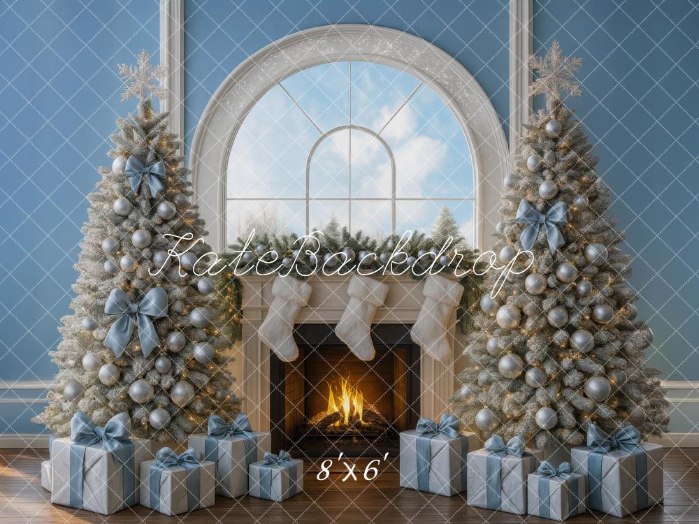Kate Weihnachten Kamin Weihnachtsbäume Blau Hintergrund Entworfen von Mini MakeBelieve - Kate Backdrop.de