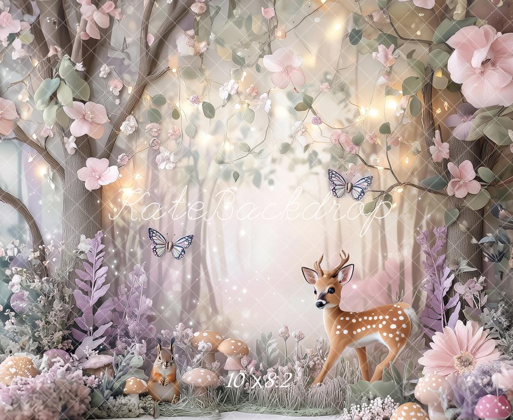 Kate Märchenwald Reh Schmetterlinge Blumen Pastell Hintergrund Entworfen von Patty Roberts - Kate Backdrop.de