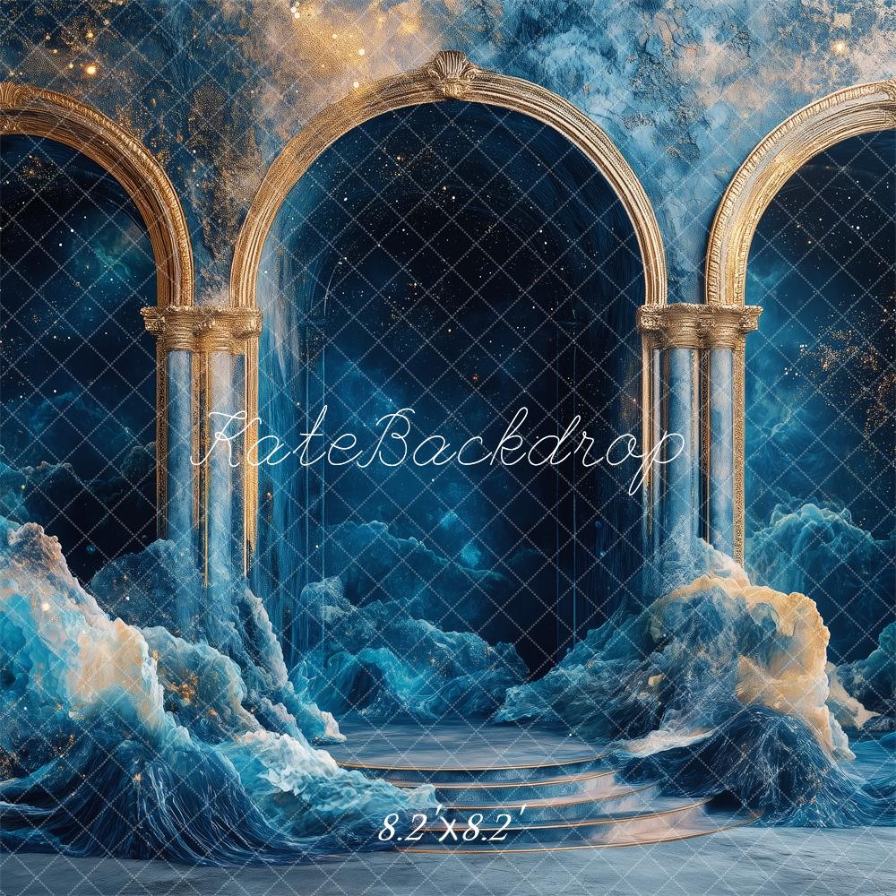 Kate Fantasy Goldene Bögen Wolken Blau Hintergrund Entworfen von Patty Roberts - Kate Backdrop.de