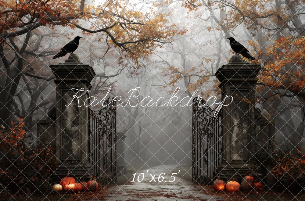 Kate Halloween Tor Rabe Kürbis Nebel Hintergrund Entworfen von Patty Roberts - Kate Backdrop.de