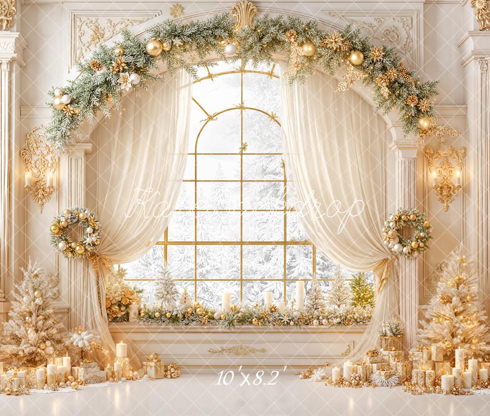 Kate Weihnachten Fenster Girlande Gold Weiß Fleece Hintergrund Entworfen von Emetselch - Kate Backdrop.de