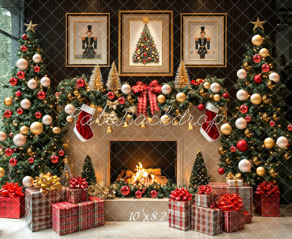 Kate Weihnachten Kamin Weihnachtsbaum Rot Gold Hintergrund Entworfen von Mini MakeBelieve - Kate Backdrop.de