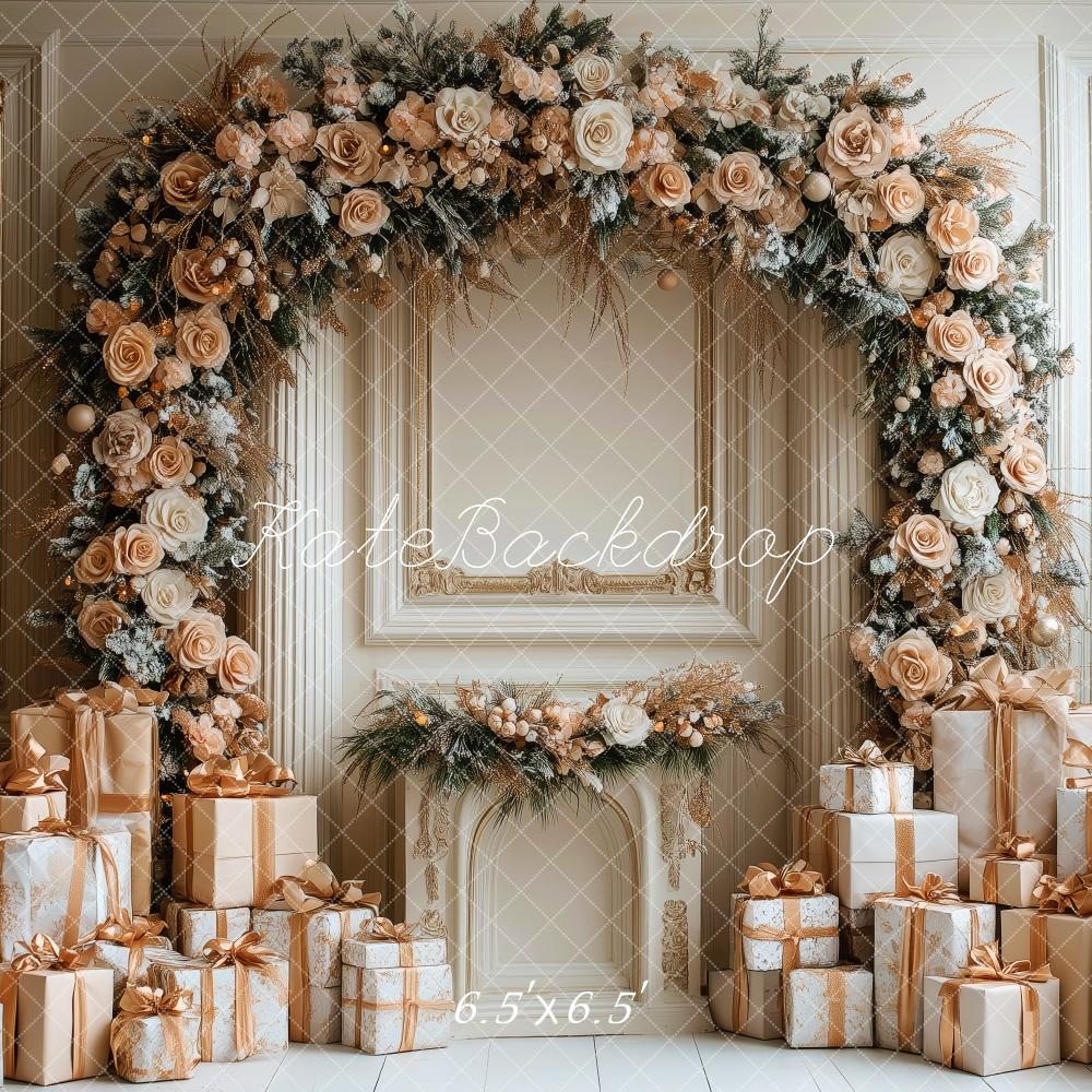 Kate Weihnachten Blumenbogen Geschenke Gold Hintergrund Entworfen von Patty Roberts