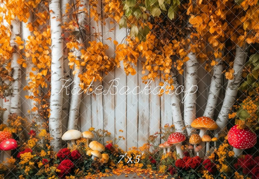 Kate Herbst Birkenstämme Pilze Orange Hintergrund Entworfen von Patty Roberts - Kate Backdrop.de