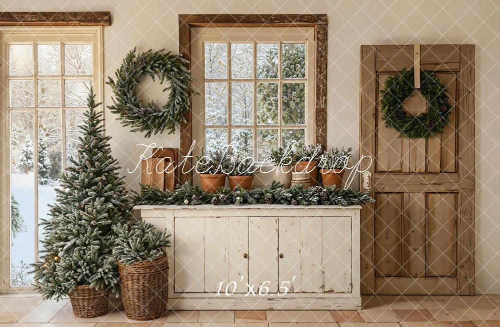 Kate Weihnachten Fenster Kranz Rustikal Fleece Hintergrund Entworfen von Emetselch