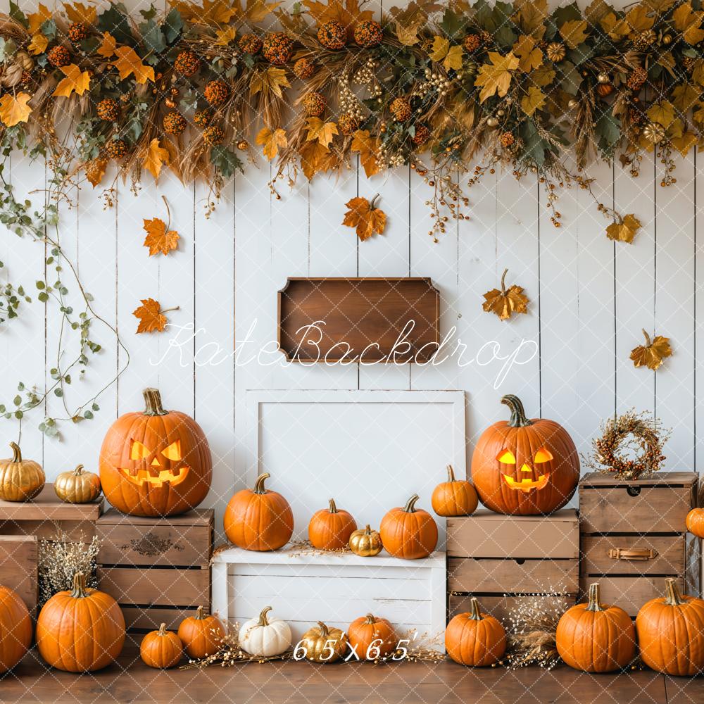Kate Halloween Kürbisse Herbstlaub Rustikal Hintergrund Entworfen von Emetselch