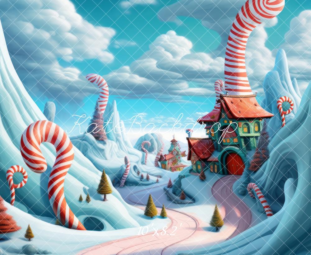 Kate Weihnachten Zuckerstangenhaus Winter Cartoon Hintergrund Entworfen von Megan Leigh - Kate Backdrop.de