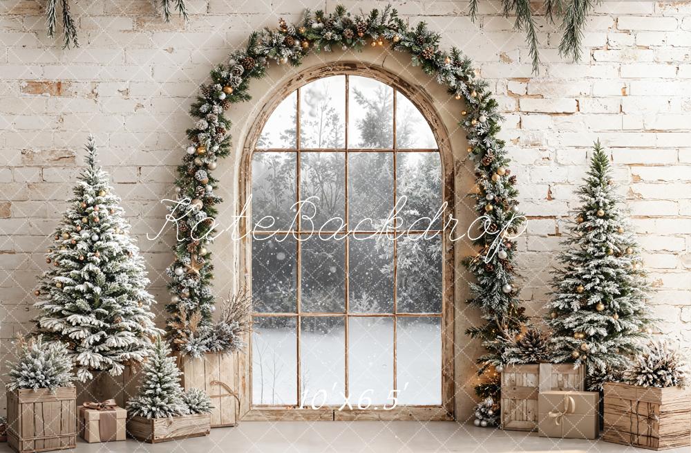 Kate Weihnachten Fenster Tannen Vintage Fleece Hintergrund Entworfen von Emetselch - Kate Backdrop.de