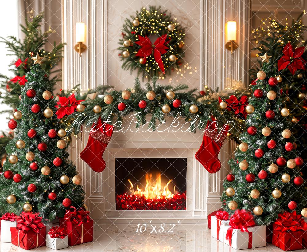 Kate Weihnachten Kamin Weihnachtsbaum Rot Gold Hintergrund Entworfen von Mini MakeBelieve - Kate Backdrop.de
