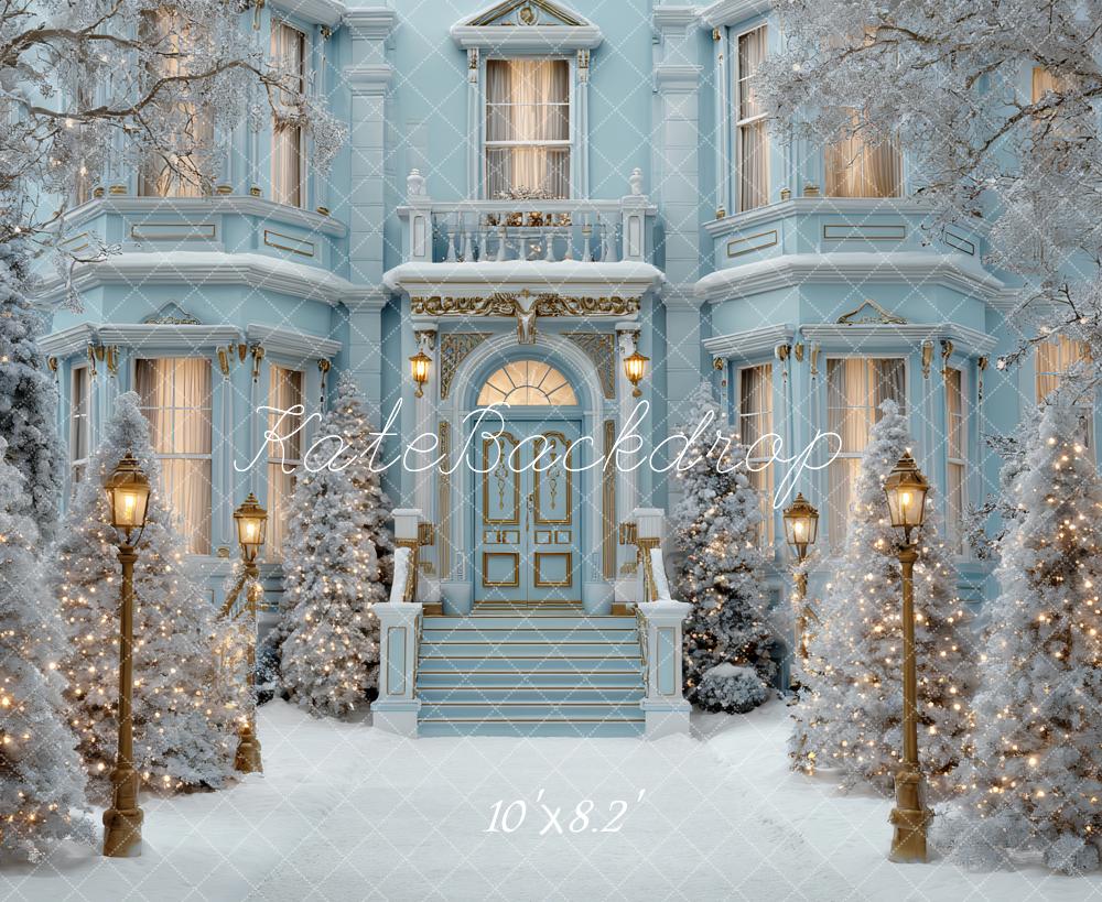 Kate Weihnachten Winterhaus Schnee Blau Hintergrund Entworfen von Ashley Paul