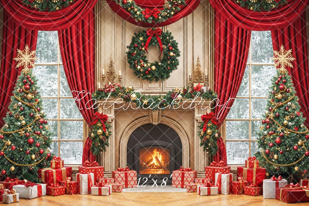 Kate Weihnachten Kamin Weihnachtsbaum Rot Fleece Hintergrund Entworfen von Emetselch - Kate Backdrop.de