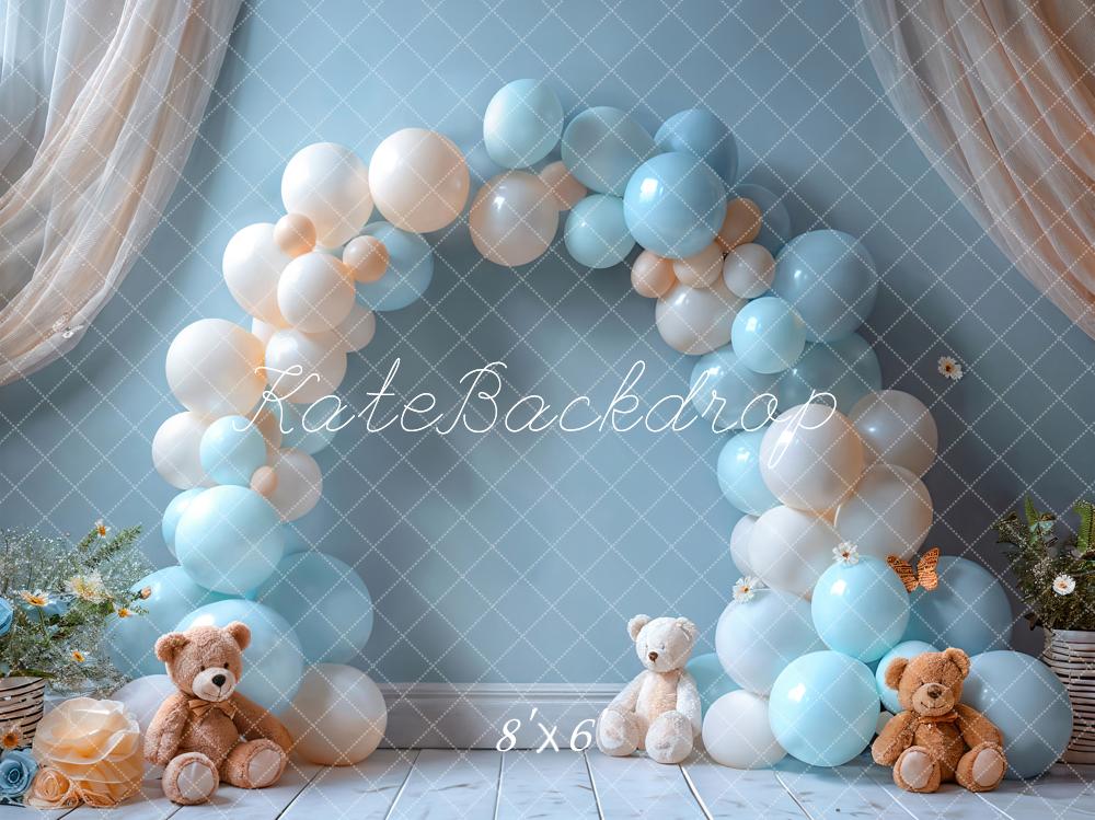 Kate Geburtstag Ballonbogen Teddybären Blau Hintergrund Entworfen von Emetselch - Kate Backdrop.de
