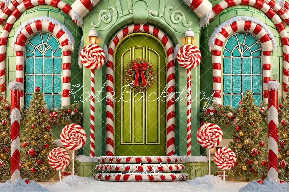 Kate Weihnachten Lebkuchenhaus Zuckerstangen Grün Fleece Hintergrund Entworfen von Emetselch - Kate Backdrop.de