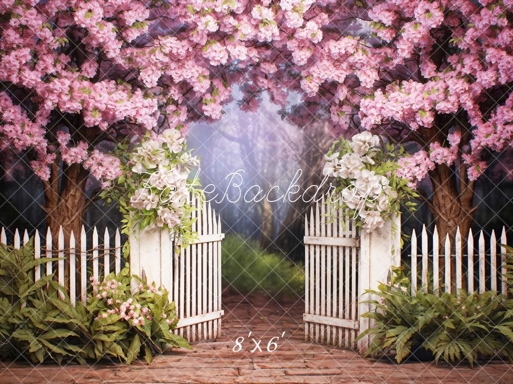 Kate Frühling Blüten Weißer Zaun Romantisch Hintergrund Entworfen von Emetselch - Kate Backdrop.de