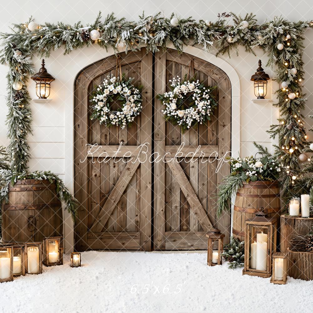 Kate Weihnachten Holztür Kränze Rustikal Hintergrund Entworfen von Emetselch - Kate Backdrop.de