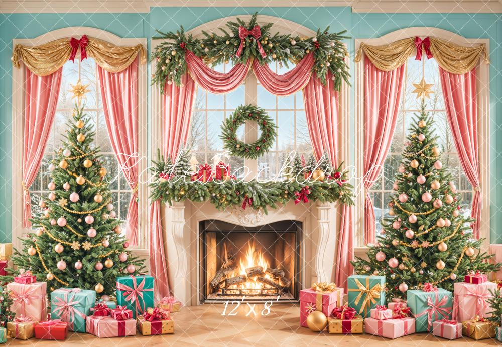 Kate Weihnachten Kamin Weihnachtsbäume Pastell Fleece Hintergrund Entworfen von Emetselch - Kate Backdrop.de