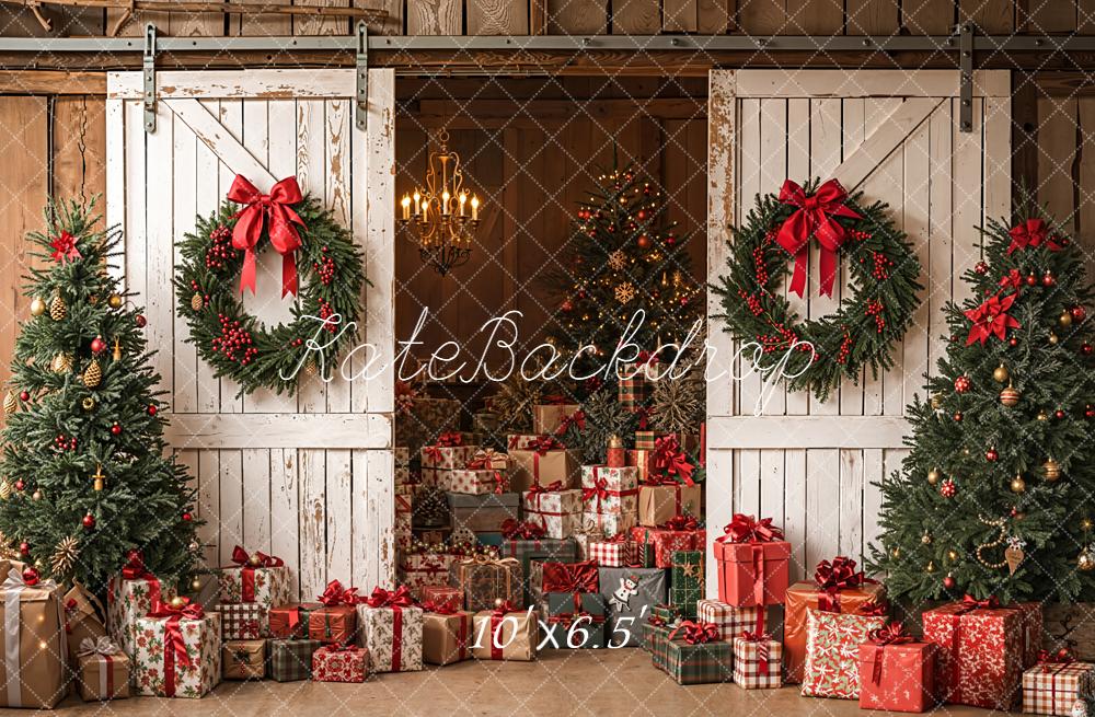 Kate Weihnachten Scheune Geschenke Tannengrün Hintergrund Entworfen von Emetselch - Kate Backdrop.de