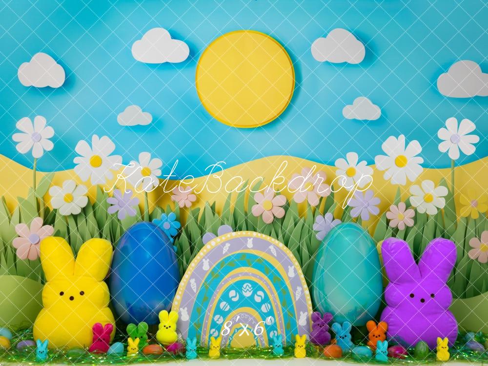 Kate Ostern Hase Eier Blumenwiese Bunt Hintergrund Entworfen von Mini MakeBelieve
