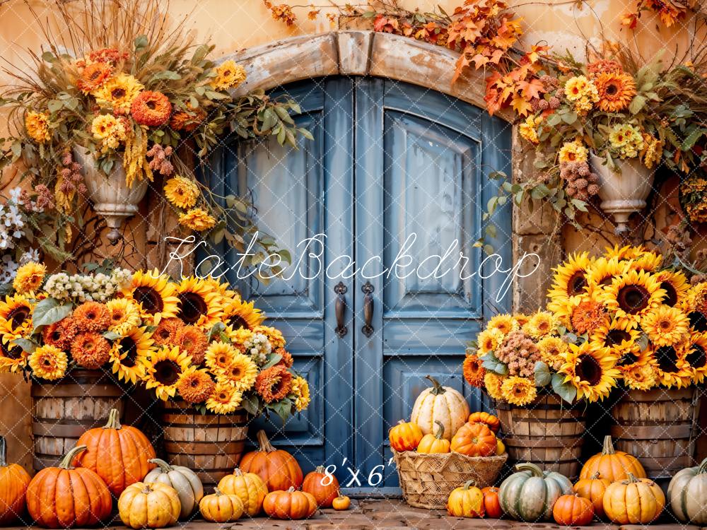 Kate Herbst Kürbis Sonnenblumen Blaue Tür Hintergrund Entworfen von Emetselch - Kate Backdrop.de