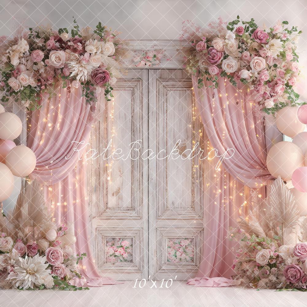 Kate Hochzeit Vintage Tür Blumen Ballons Rosa Hintergrund Entworfen von Ashley Paul