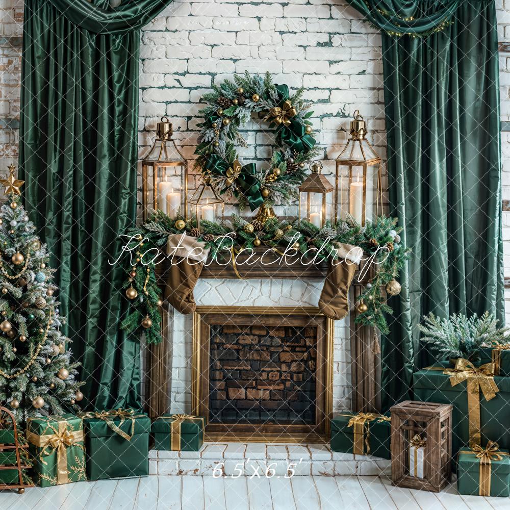 Kate Weihnachten Kamin Weihnachtsbaum Geschenke Grün Hintergrund Entworfen von Emetselch
