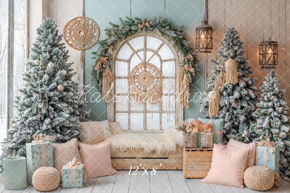 Kate Weihnachten Fenster Schneebäume Pastell Hintergrund Entworfen von Emetselch - Kate Backdrop.de