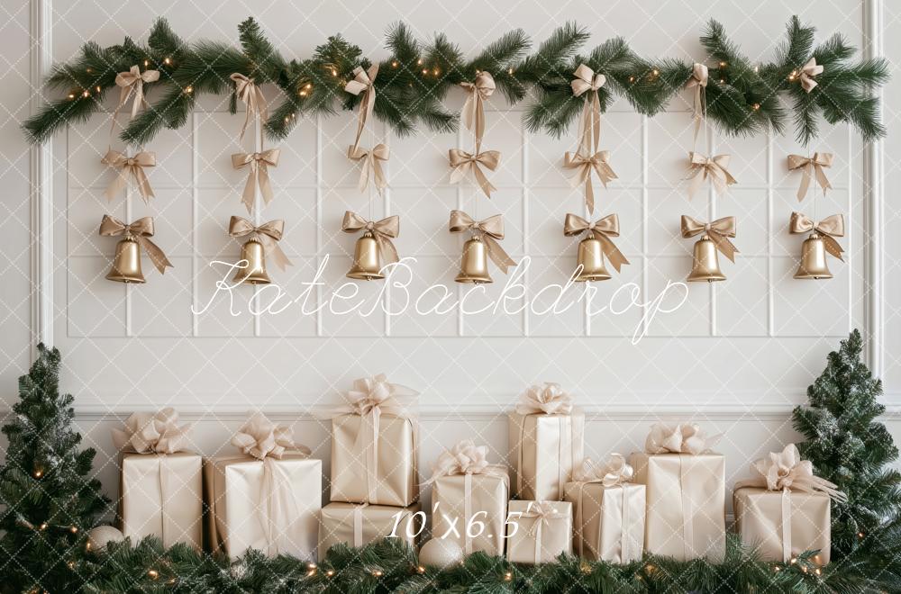 Kate Weihnachten Geschenke Glocken Gold Hintergrund Entworfen von Patty Roberts - Kate Backdrop.de