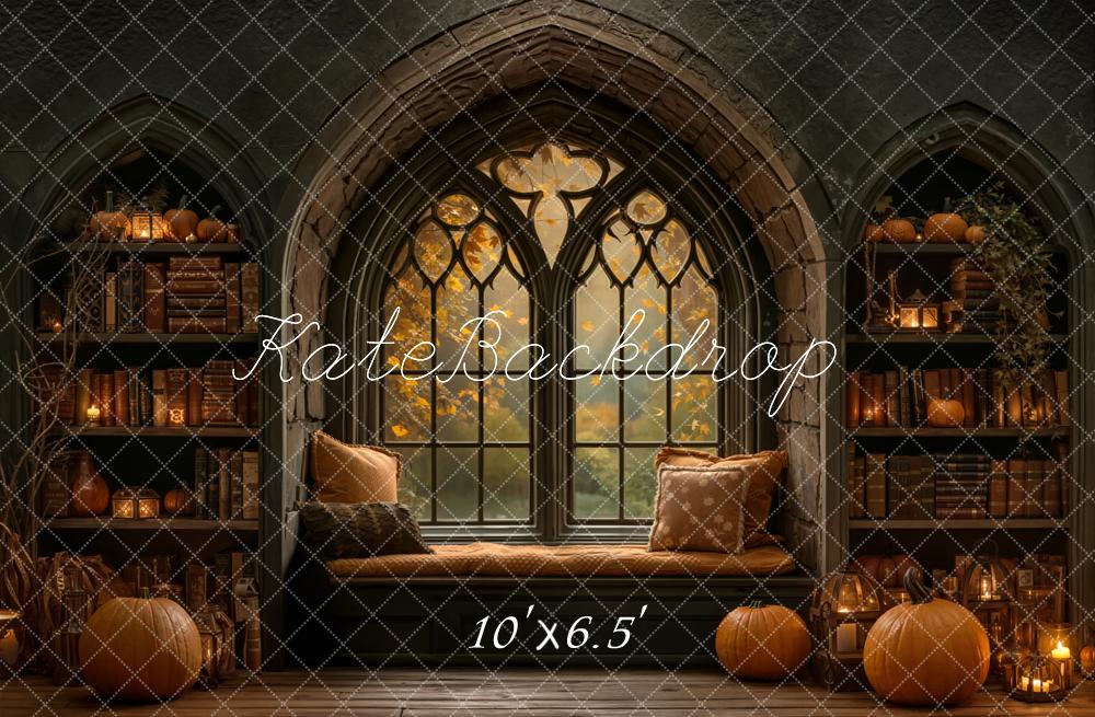 Kate Halloween Fenster Bücher Kürbisse Fleece Hintergrund Entworfen von Emetselch - Kate Backdrop.de