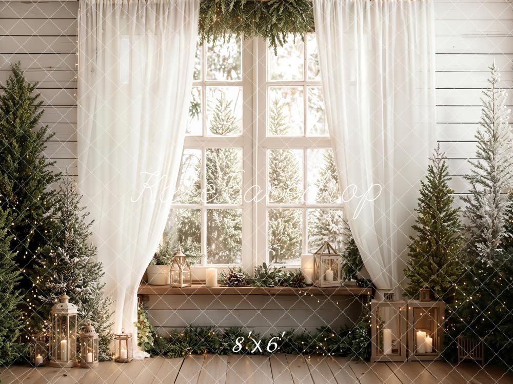 Kate Weihnachten Fenster Tannen Weiß Fleece Hintergrund Entworfen von Emetselch - Kate Backdrop.de