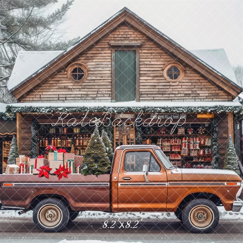 Kate Weihnachten Pickup Geschenke Holzhütte Hintergrund Entworfen von Mini MakeBelieve - Kate Backdrop.de