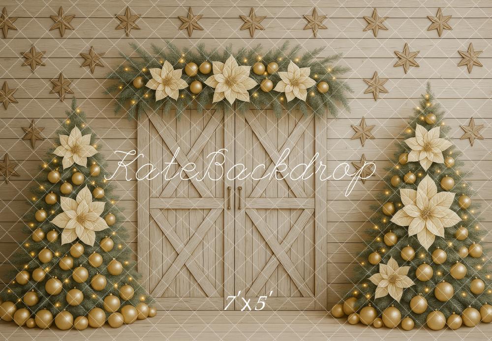 Kate Weihnachten Tannenbäume Gold Beige Hintergrund Entworfen von Megan Leigh - Kate Backdrop.de