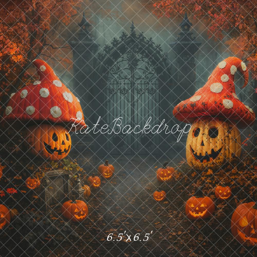 Kate Halloween Kürbis Pilzhäuser Tor Nebel Hintergrund Entworfen von Chain - Kate Backdrop.de