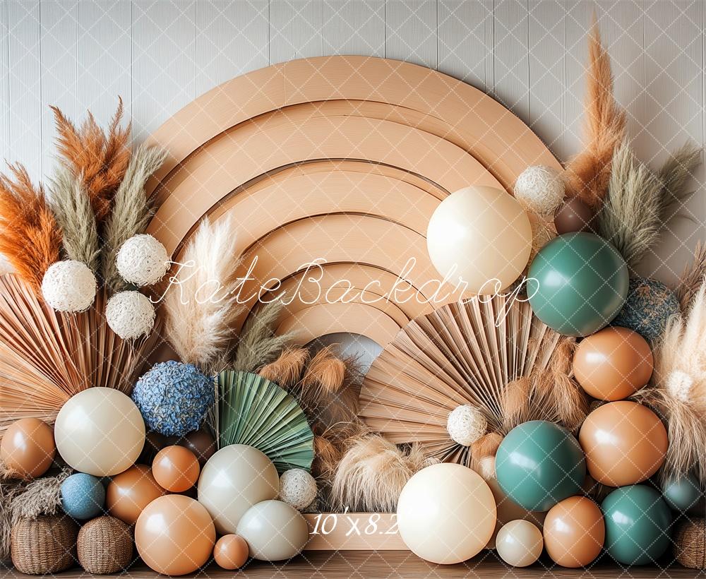 Kate Boho Regenbogen Pampasgräser Ballons Hintergrund Entworfen von Patty Roberts - Kate Backdrop.de