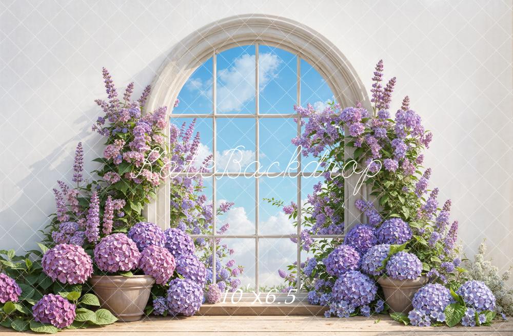 Kate Frühling Fenster Hortensien Lila Hintergrund Entworfen von Emetselch - Kate Backdrop.de