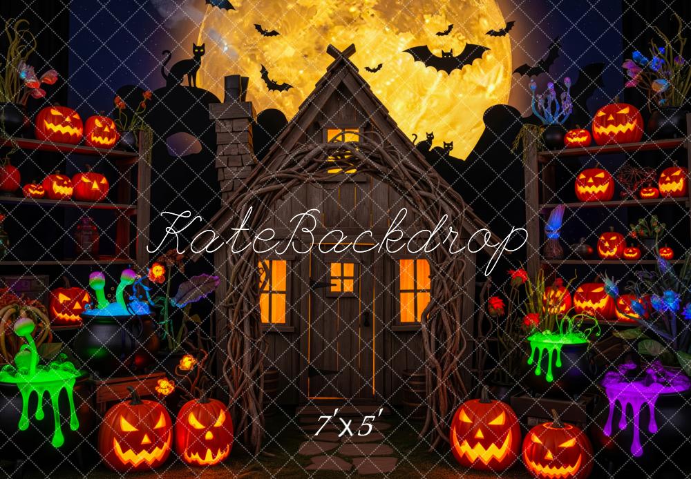 Kate Halloween Hexenhaus Kürbisse Vollmond Hintergrund Entworfen von Patty Roberts