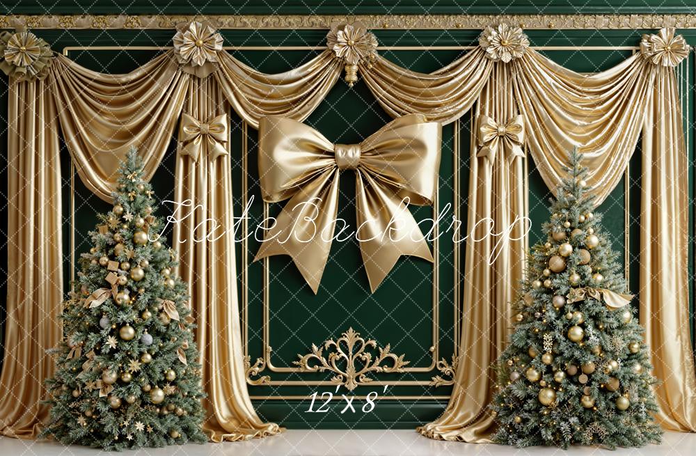 Kate Weihnachten Goldene Vorhänge Schleife Tannenbaum Fleece Hintergrund Entworfen von Emetselch - Kate Backdrop.de