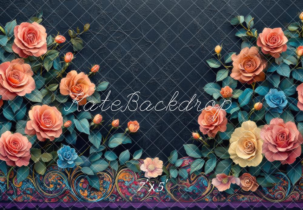 Kate Blumen Rosen Ornament Dunkel Hintergrund Entworfen von Mini MakeBelieve - Kate Backdrop.de