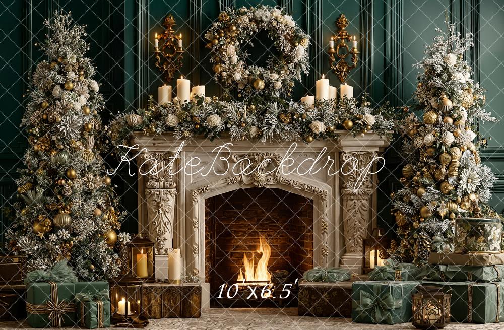 Kate Weihnachten Kamin Weihnachtsbaum Grün Gold Fleece Hintergrund Entworfen von Emetselch - Kate Backdrop.de