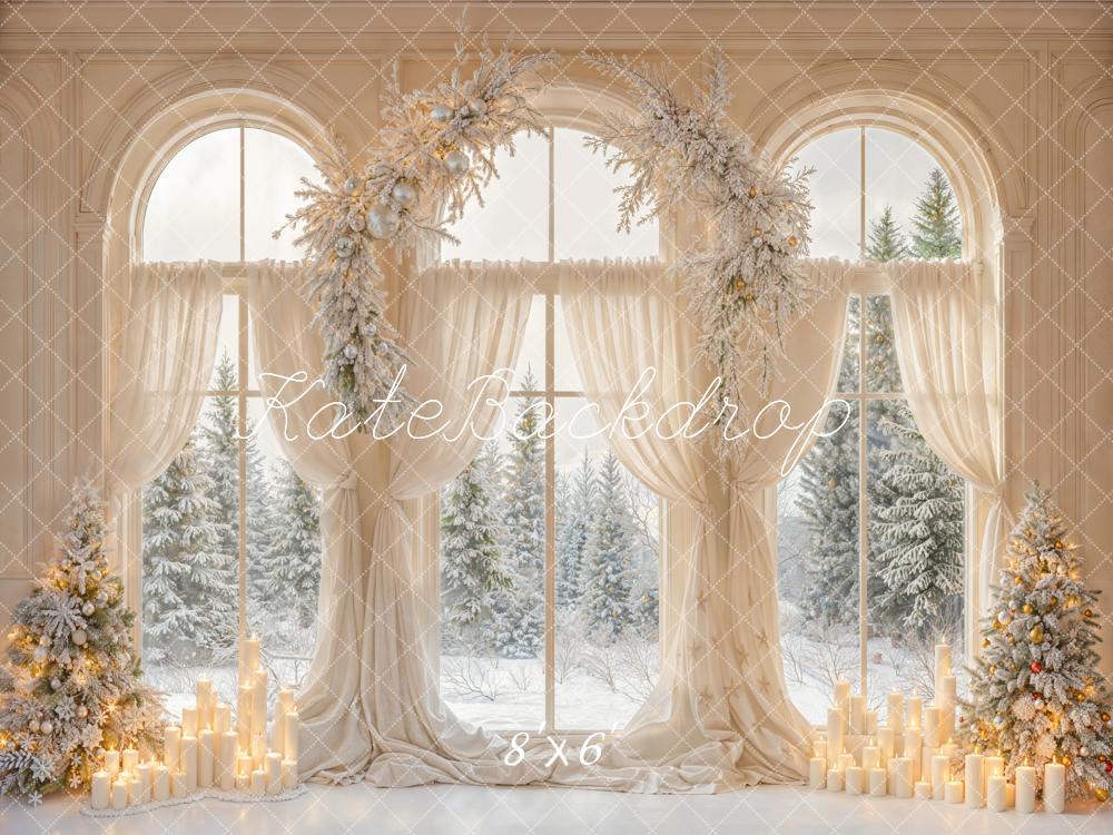 Kate Weihnachten Fenster Vorhänge Kerzen Weiß Fleece Hintergrund Entworfen von Emetselch - Kate Backdrop.de