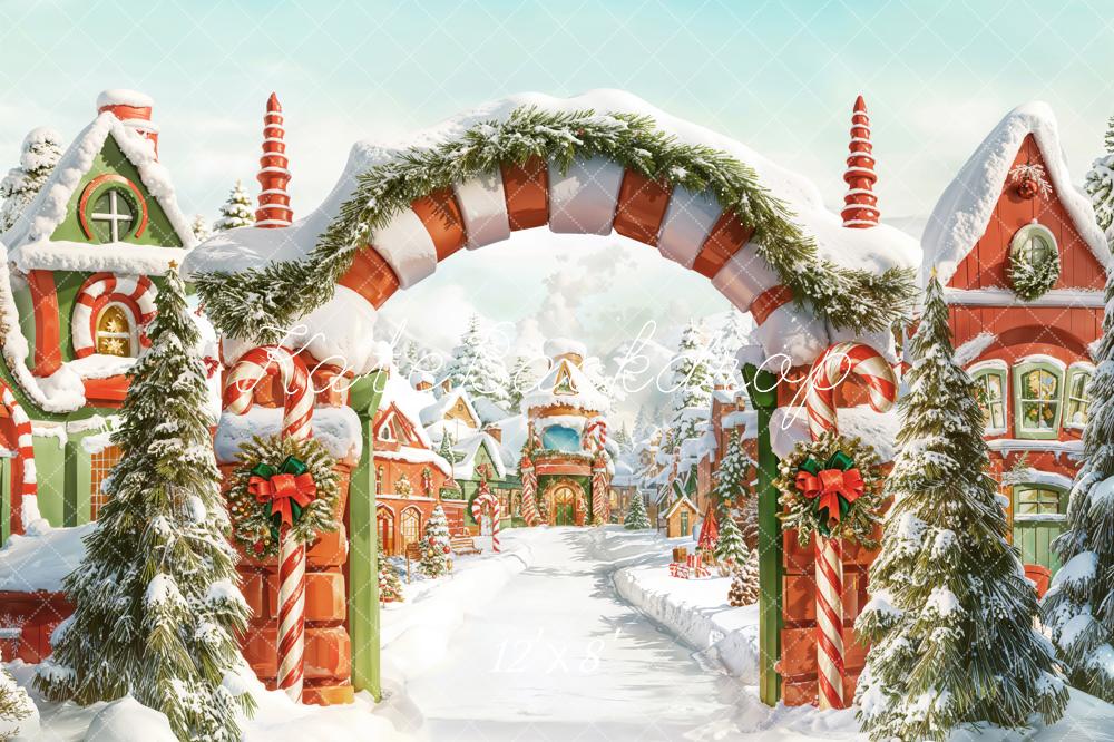 Kate Weihnachten Zuckerstangenbogen Dorf Winter Fleece Hintergrund Entworfen von Chain - Kate Backdrop.de