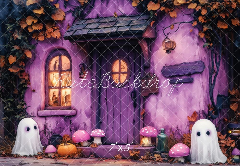 Kate Halloween Lila Haus Geister Kürbis Pilze Hintergrund Entworfen von Patty Roberts - Kate Backdrop.de