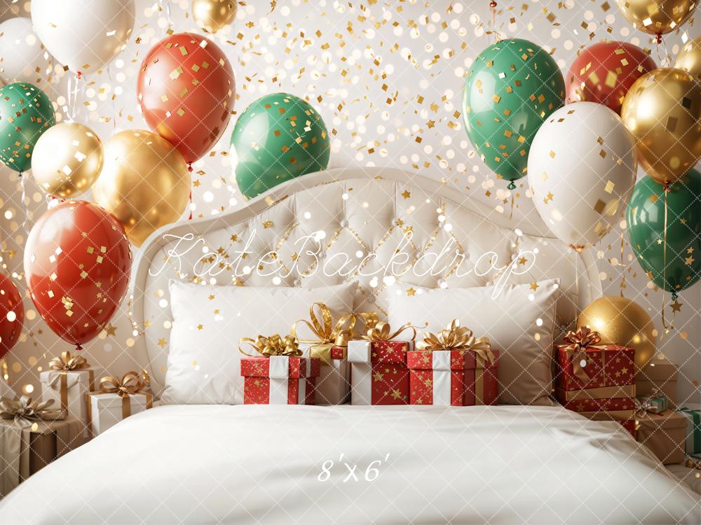 Kate Weihnachten Ballons Geschenke Weiß Gold Fleece Hintergrund Entworfen von Emetselch - Kate Backdrop.de