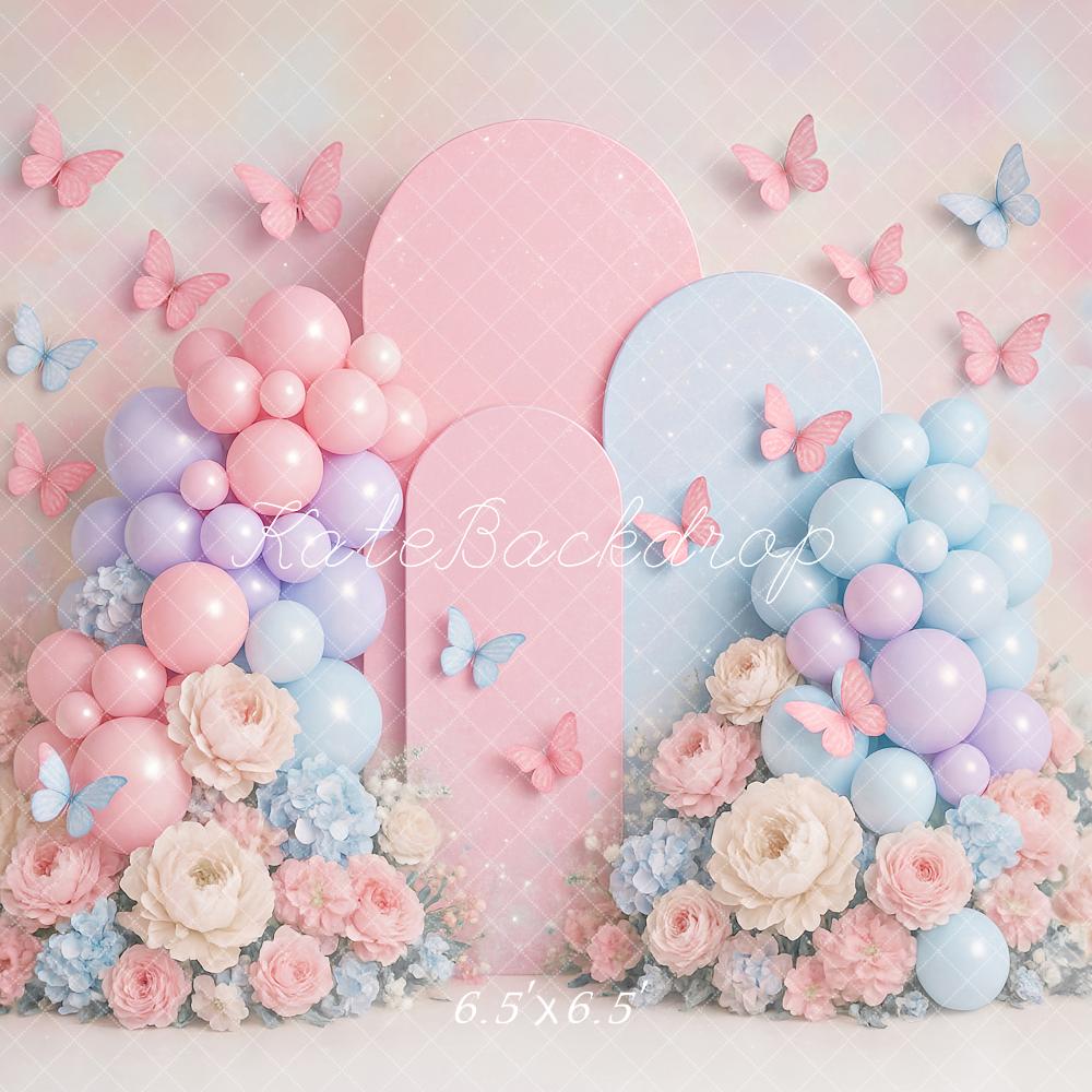 Kate Geburtstag Ballons Blumen Schmetterlinge Pastell Hintergrund Entworfen von Ashley Paul - Kate Backdrop.de