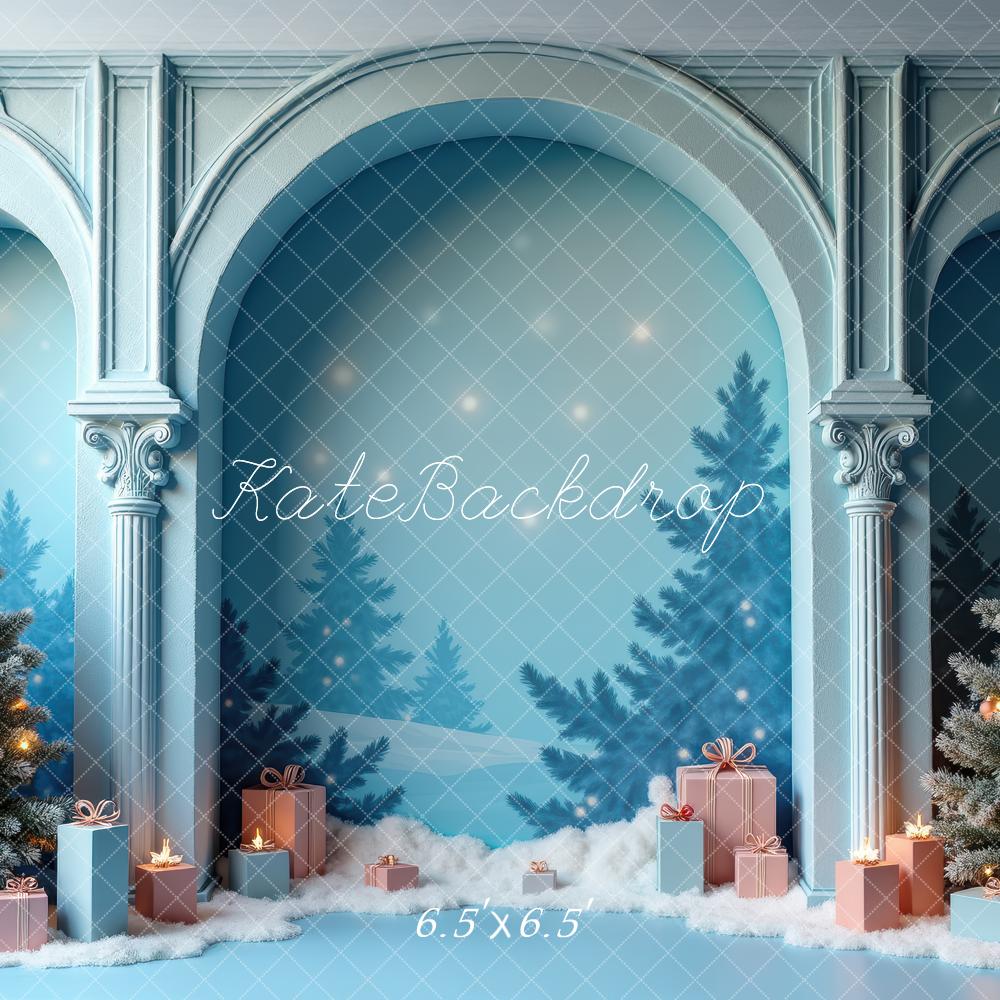 Kate Weihnachten Tannen Schnee Geschenkboxen Blau Hintergrund Entworfen von Laura Bybee - Kate Backdrop.de