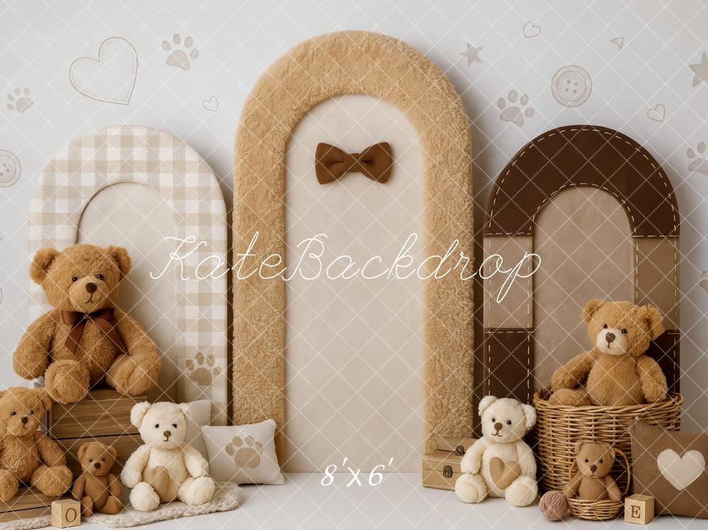 Kate Teddybär Plüschtiere Bögen Beige Hintergrund Entworfen von Patty Roberts - Kate Backdrop.de