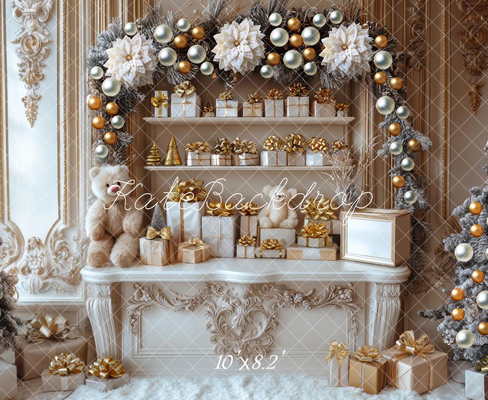 Kate Weihnachten Geschenke Festlich Gold Weiß Hintergrund Entworfen von Mini MakeBelieve - Kate Backdrop.de