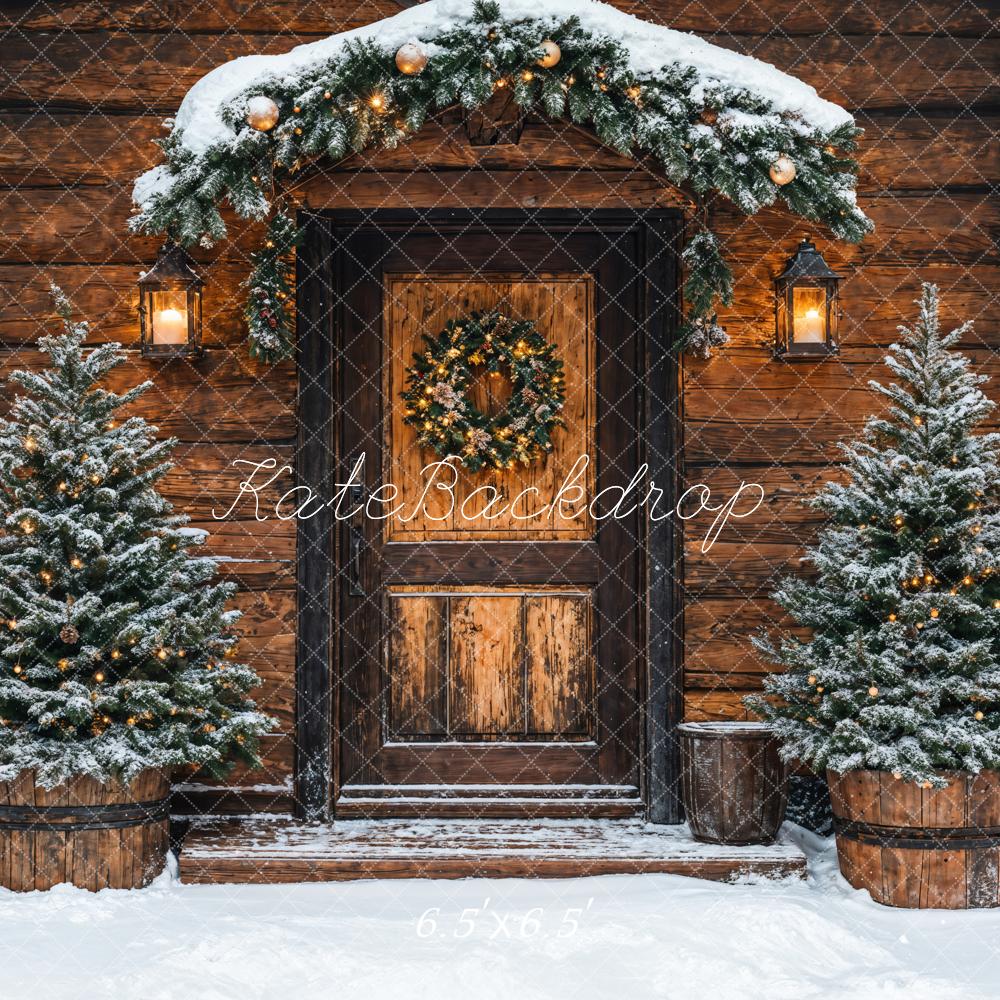 Kate Weihnachten Holztür Tannen Rustic Hintergrund Entworfen von Emetselch