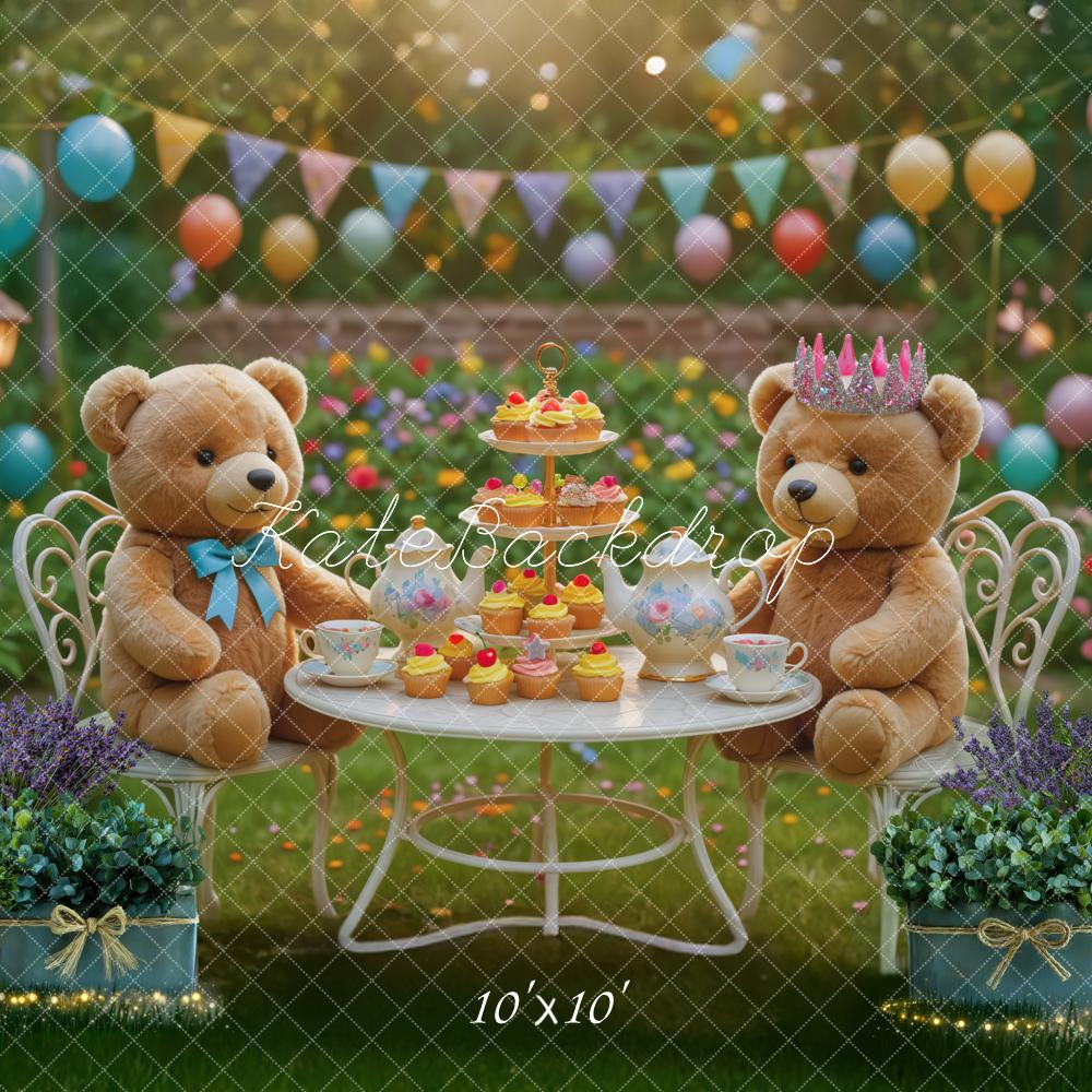 Kate Geburtstag Teddybären Garten Bunt Hintergrund Entworfen von Mini MakeBelieve - Kate Backdrop.de