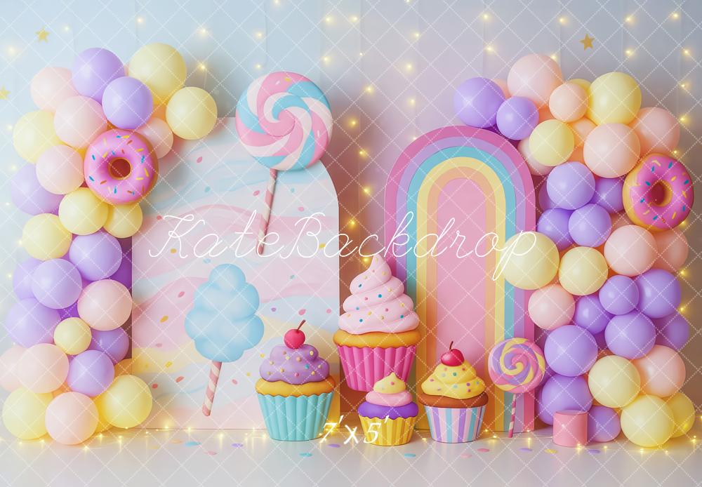 Kate Geburtstag Luftballons Donuts Cupcakes Pastell Hintergrund Entworfen von Patty Roberts - Kate Backdrop.de